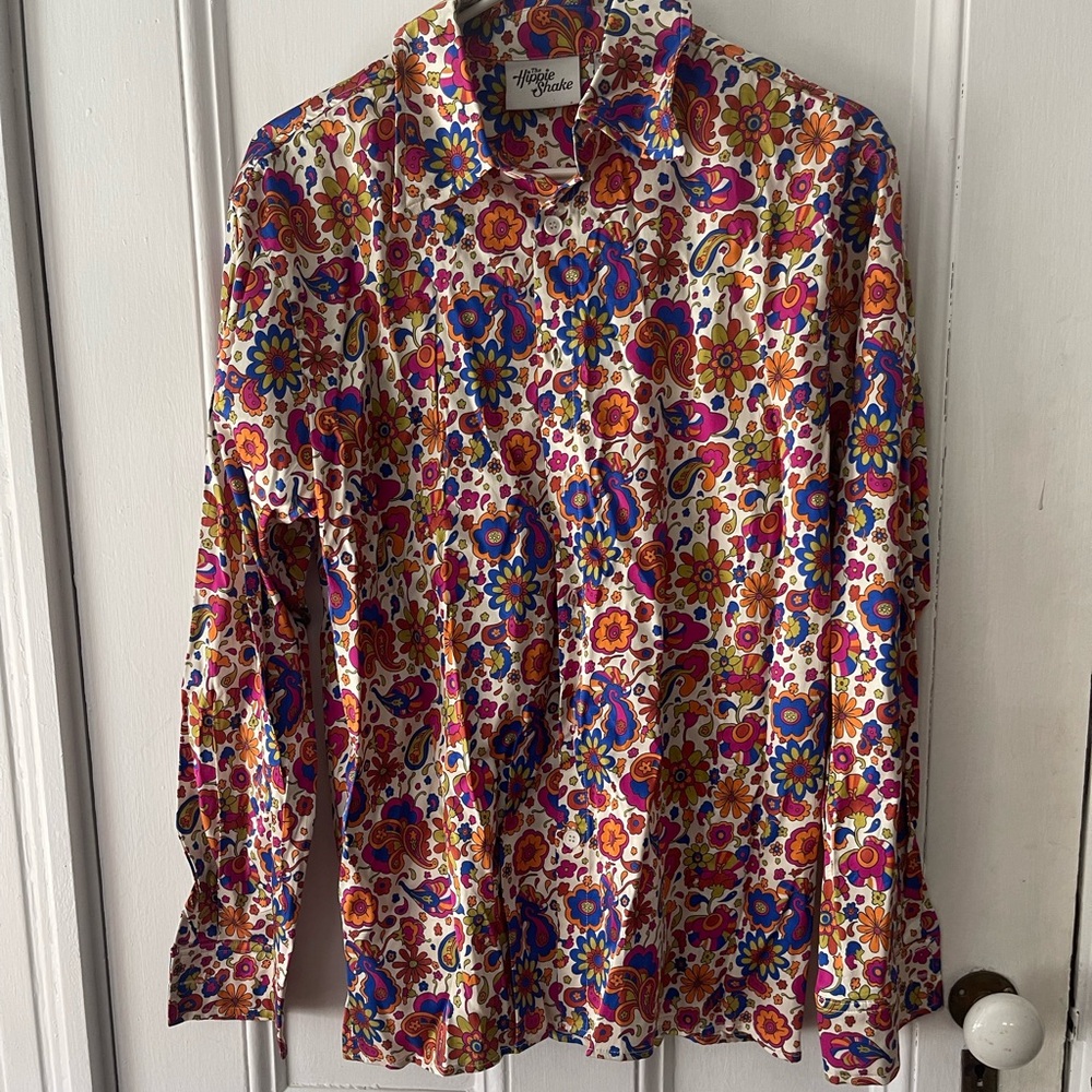 Hippie Shake Spot Cream Floral Disco Shirt NWT